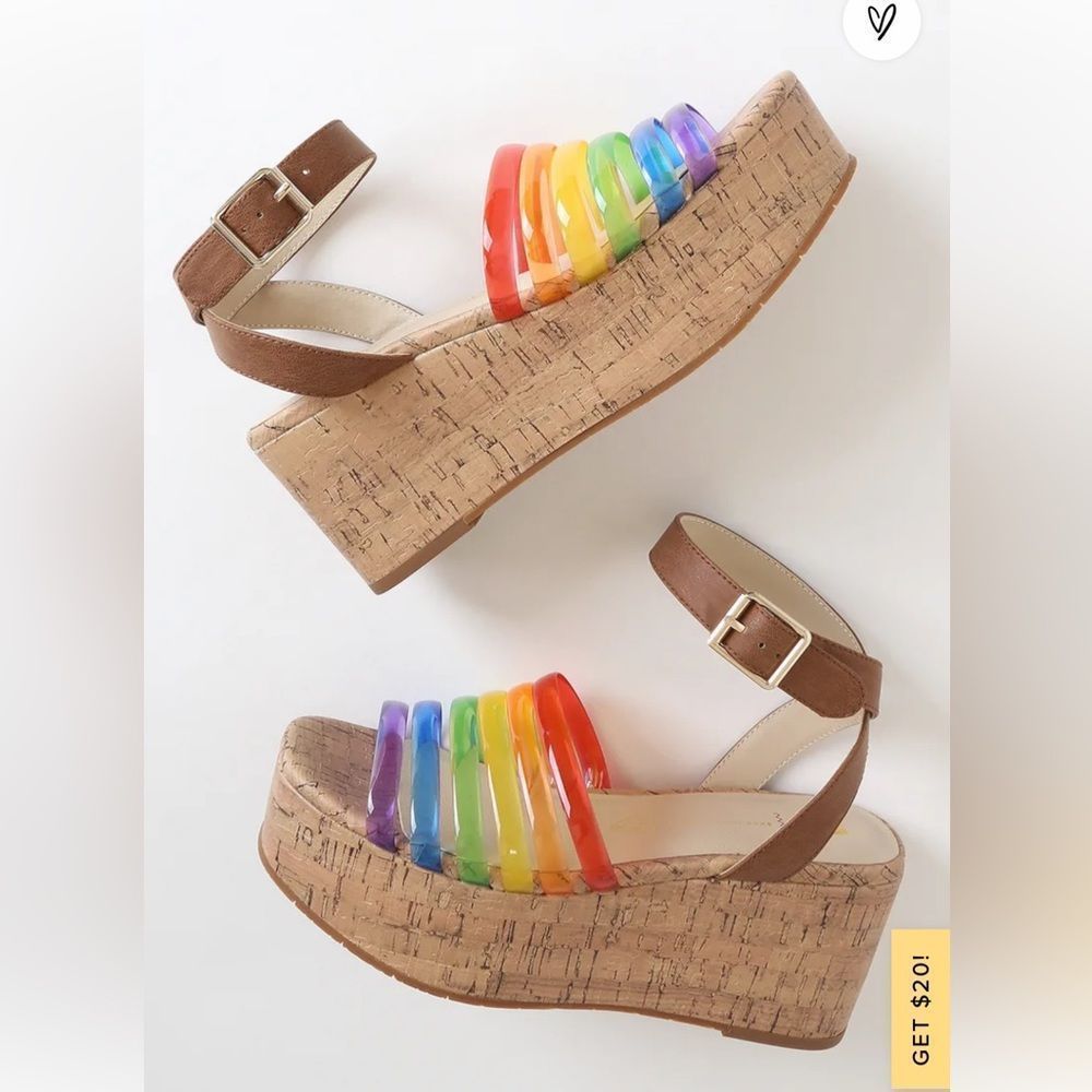 BC Footwear Sorry Not Sorry Pride Multi Rainbow Cork Wedge Sandals